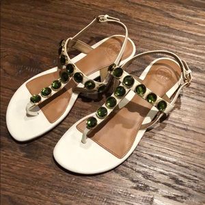 Size 7 White Tory Burch sandals with green stones
